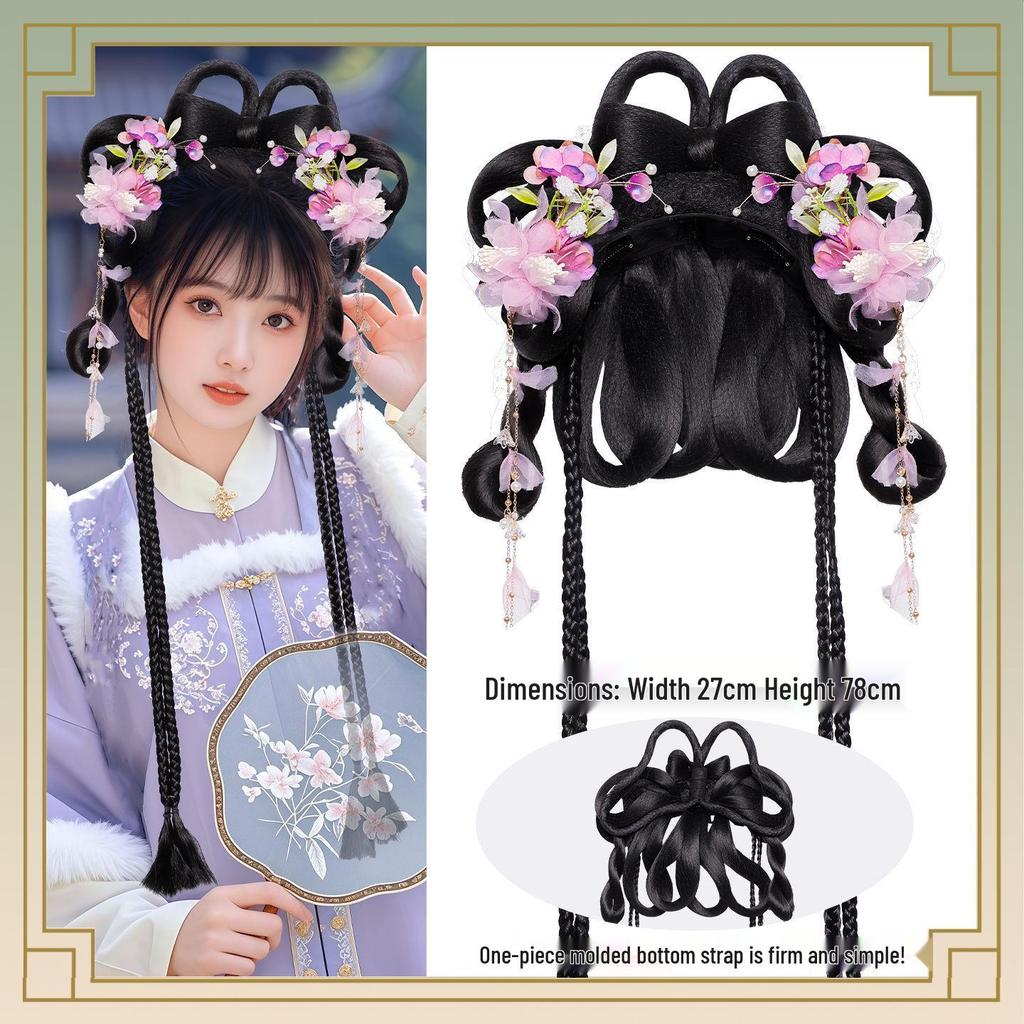 Herbst/Winter Hanfu Perücke und Pompon Stirnband Haaraccessoires Set