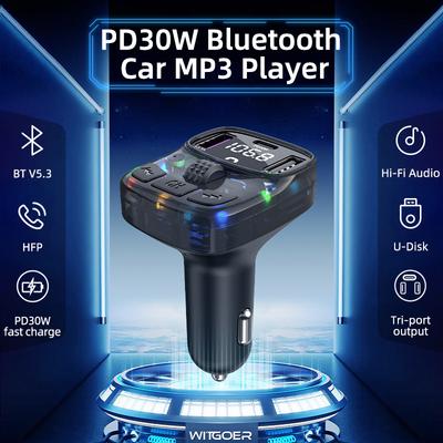 Car Charge Bluetooth 5.3 FM Transmitter Handsfree Car Radio Modulator MP3 Player With PD30W Super Quick Charge Adapter for Car