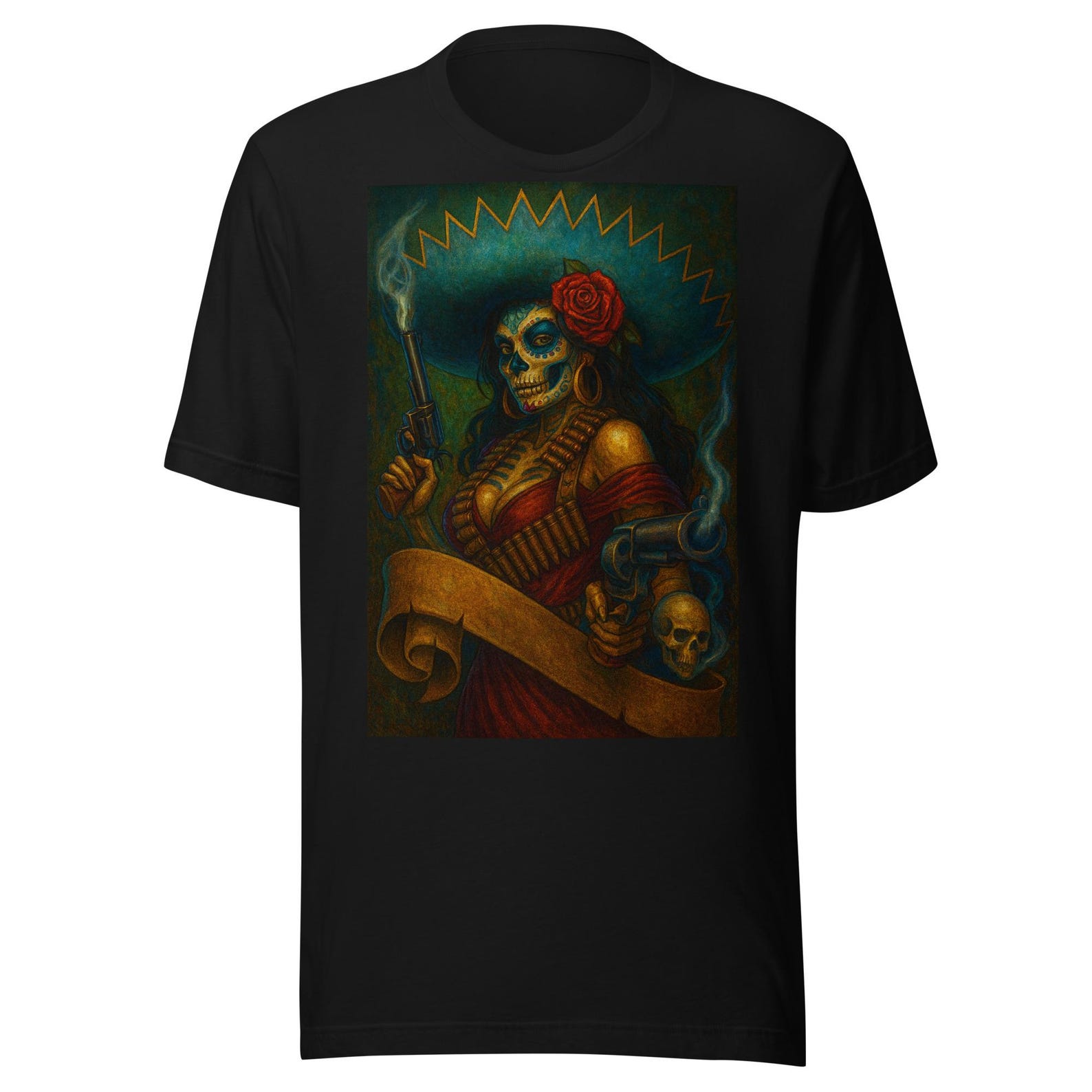 Mexican Folk Art T-Shirt – Chicano Sugar Skull Lady Design, Cultural Illustration Tee 2XL