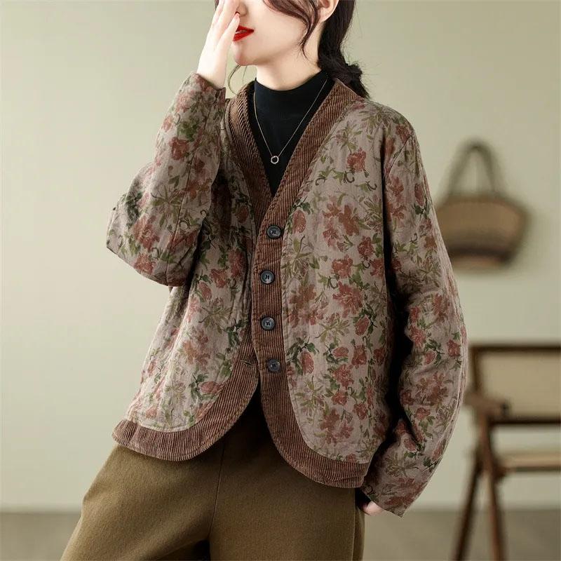 Coat for Women Cotton Thickened Winter Casual Double Layer Printed Single Button Windbreaker Jacket