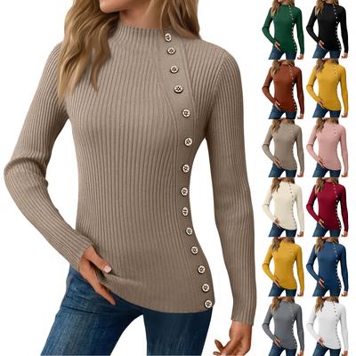 Women's Casual Solid Color Slim Button Knit Sweater Long Sleeved Base Sweater Sweater