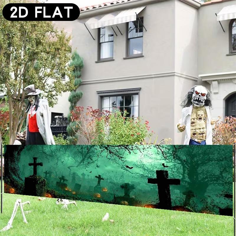 Halloween Graveyard Fence Party Banner, Pumpkin Bat Gothic Horror Design, Polyester Outdoor Garden Decoration