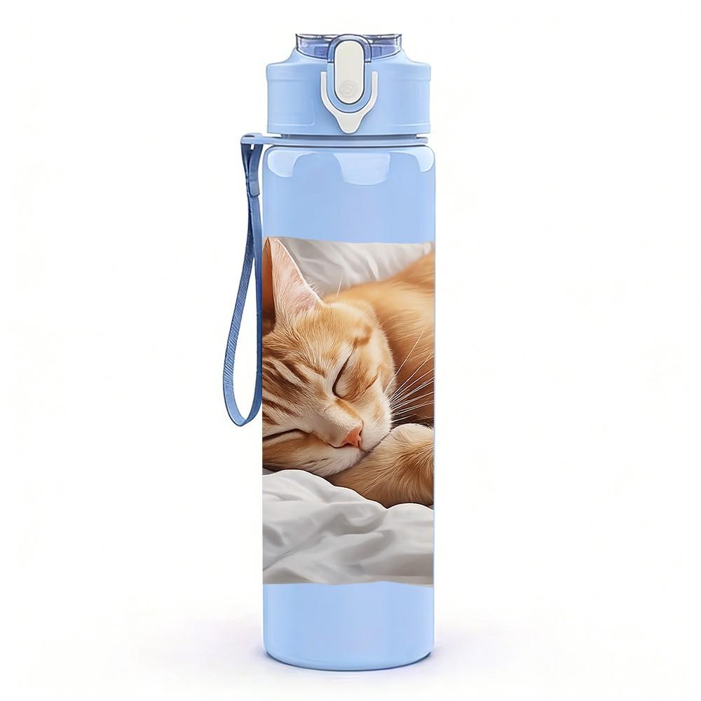 1PC Sleeping Cat Cozy Animal Print 750ml Color Plastic Sports Water Bottle Leakproof Flip Straw Lid Suitable for Sports Office Home Use