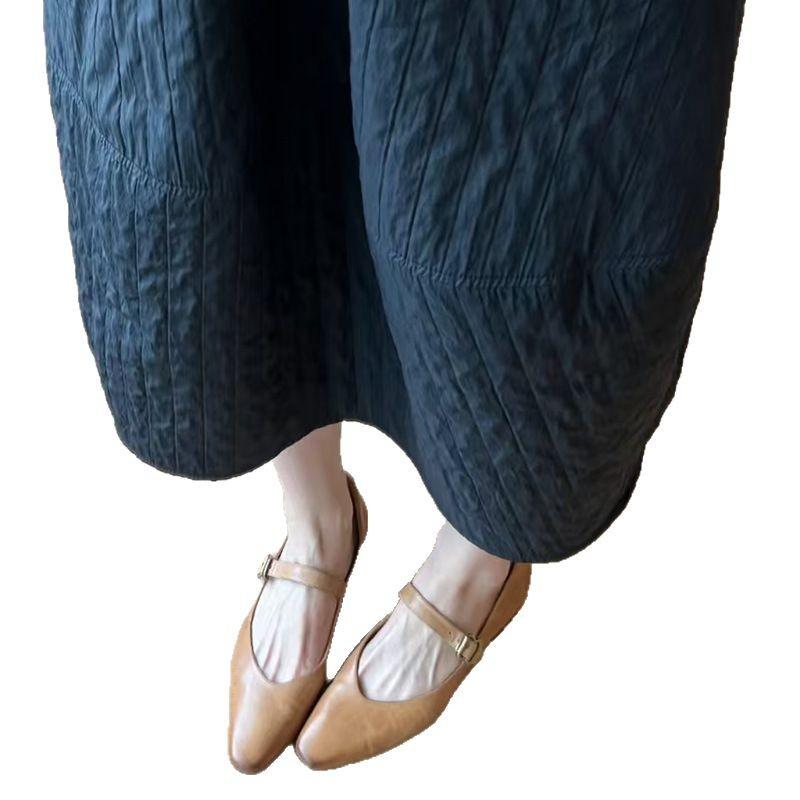 Fashion 2025 New Sheepskin Pointed Toe Low Heel Mary Jane Shoes Women Spring Vintage Burnished Ankle Strap Comfortable Flats