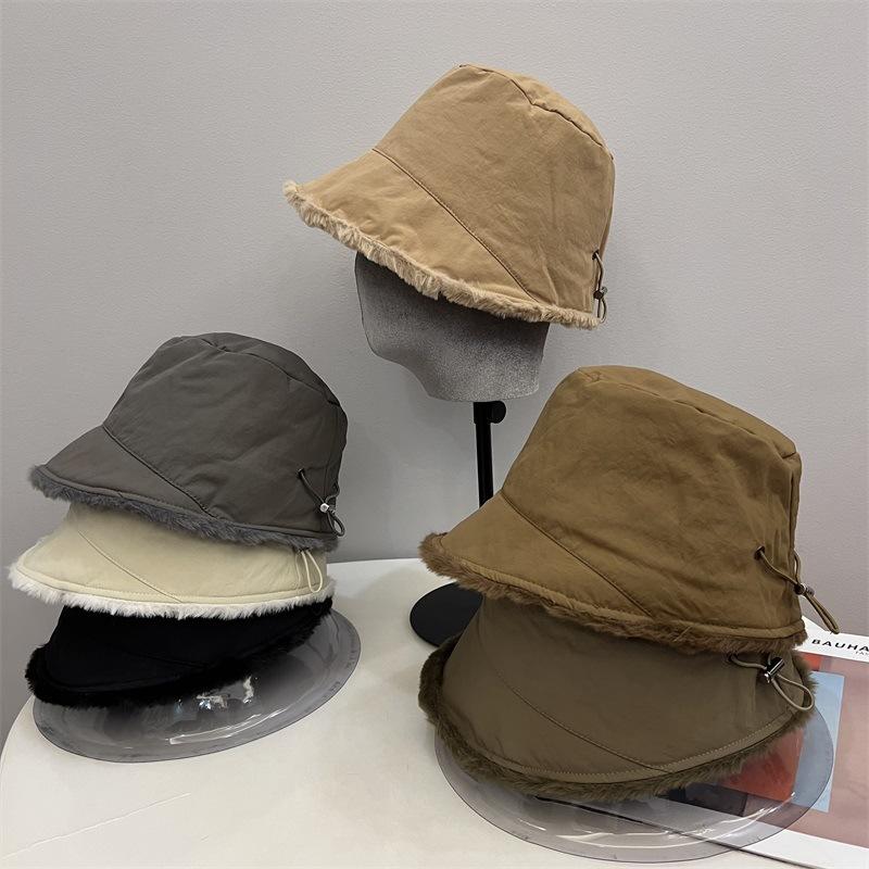 Nylon Waterproof Velvet External Drawstring Front Long Rear Short Basin Hat Women's Winter Literary and Leisure Warm Bucket Hat