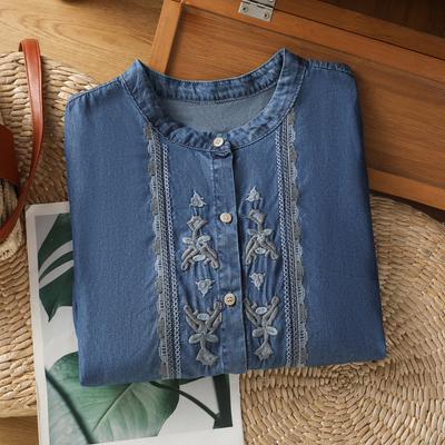 Summer New Round Neck Short-sleeved Tencel Denim Shirt Women's Retro Drape Thin Embroidered Cardigan Top