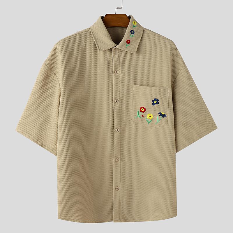 

INCERUN Plus Size Men Lapel Neck Waffle Texture Embroidery Casual Shirts 3XL хаки