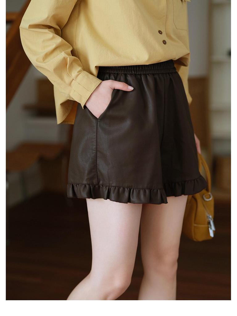 2025 High Waist PU Leather A-line Shorts with Lace Patchwork for Women
