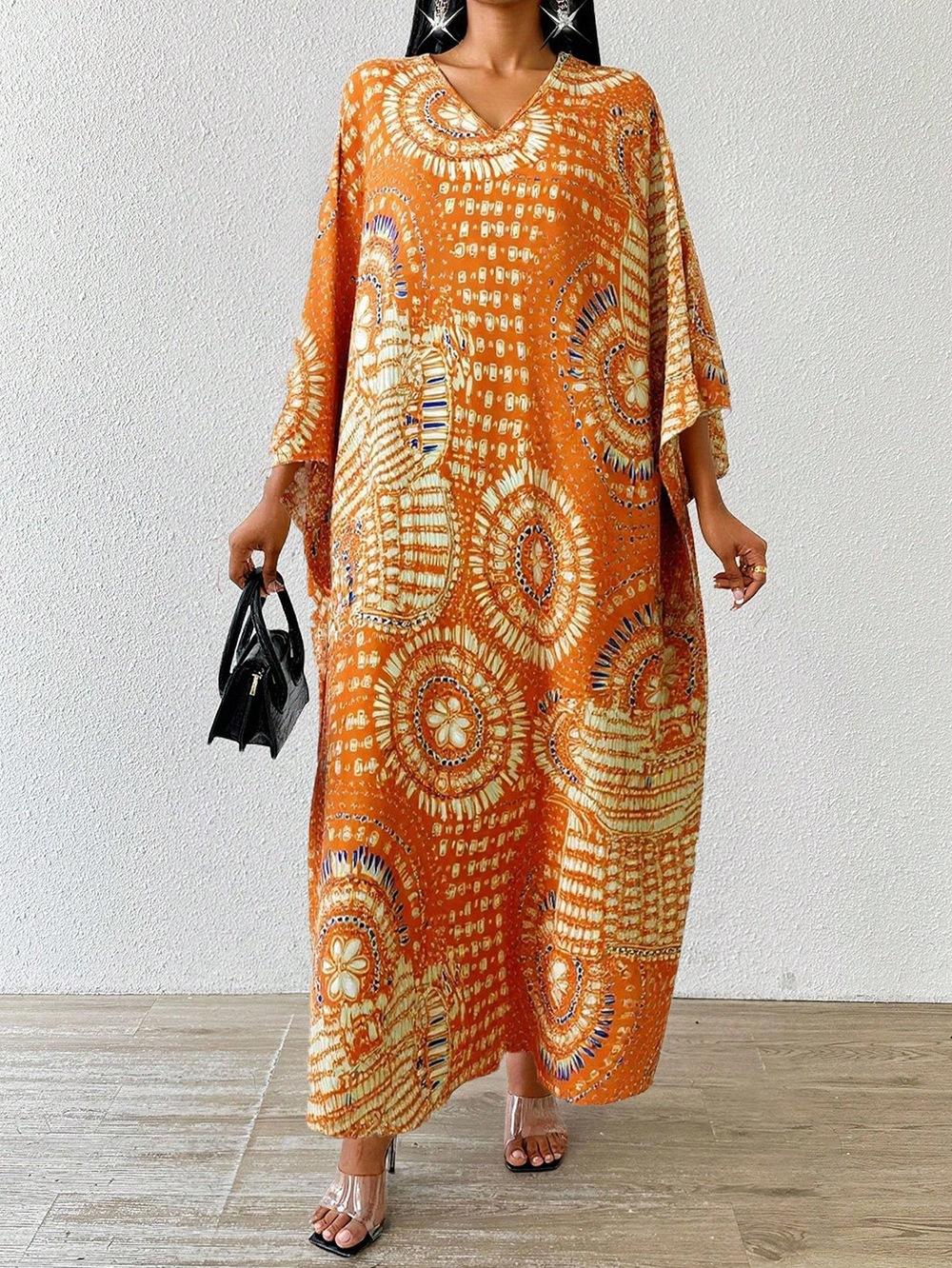 European and American women s clothing summer printing bat sleeve casual dress robe spot S оранжевый