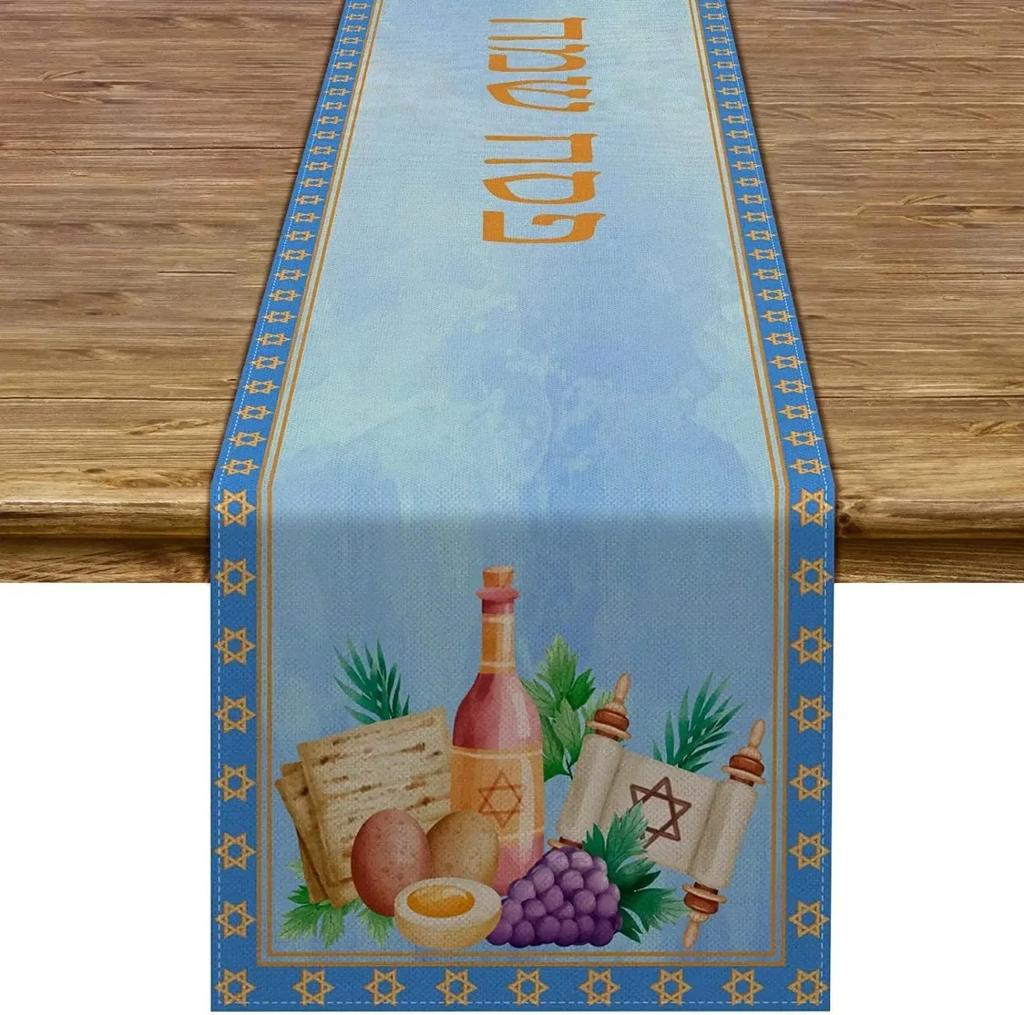 Passover Linen Table Runner Jewish Holiday Party Decor Pesach Seder Matzoh Red Wine Star of David Dining Table Runner Home Decor