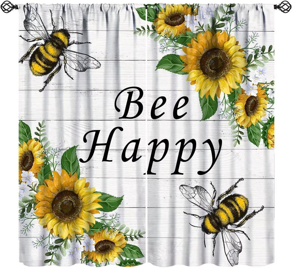 Bee Curtains Boy Girl Bedroom Spring Yellow Honeybee Inspirational Art Printed Window Drapes Living Room Curtain Light Blocking Polyester Ideal For