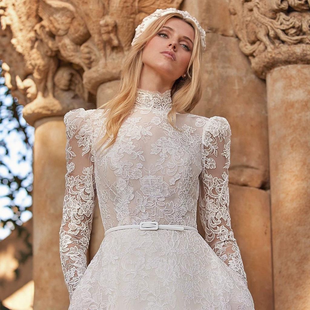 Abito da Sposa in Pizzo Francese 1011 Nuovo Sposa Atmosferico Semplice Premium Manica Lunga Estiva Piccolo Strascico Vestito Vestito