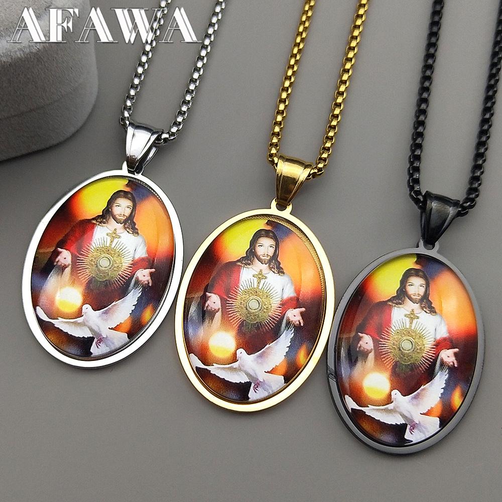 Christian Jesus Dove Glass Pendant Necklace for Women Men Stainless Steel Gold Silver Color Religion Faith Amulet Jewelry Gift