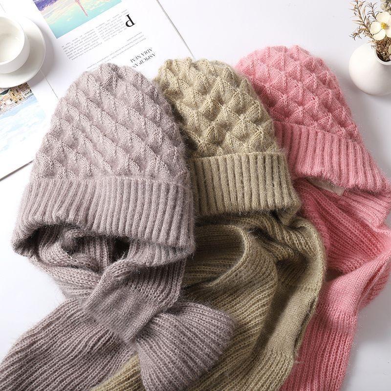 New Snow Hat, Scarf, Integrated Thickened Autumn and Winter Hat, Wool Woven Women's Thermal Hat, Cold-proof and Plush Wool Hat