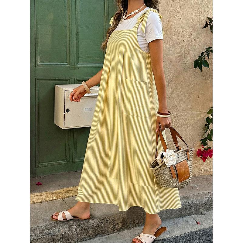 Новое свободное полосатое платье без спинки большого размера - Свободный крой для стройности, Повседневное платье-миди без спинки большого размера XL жёлтый