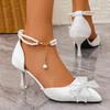 Fashion New High Heel Girl Wedding Shoes Summer New Bow Pearl Chain Bridesmaid with Skirt French Pointed Toe Single Shoes
