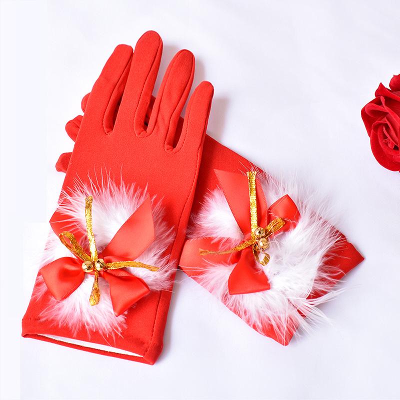 WTEMPO 1 Pair Cold-proof Full Finger Gloves Elegant Warm Bow Plush Bell Red Gloves Christmas Costume Decorative Accessories