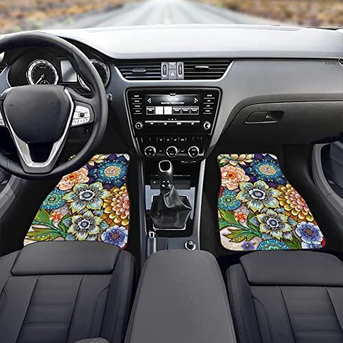 Universal Fit Auto Carpet Floor Mats Set of 4 for Women Girls Decorative Boho Floral Print Car Floor Mats Front & Rear Liners Set