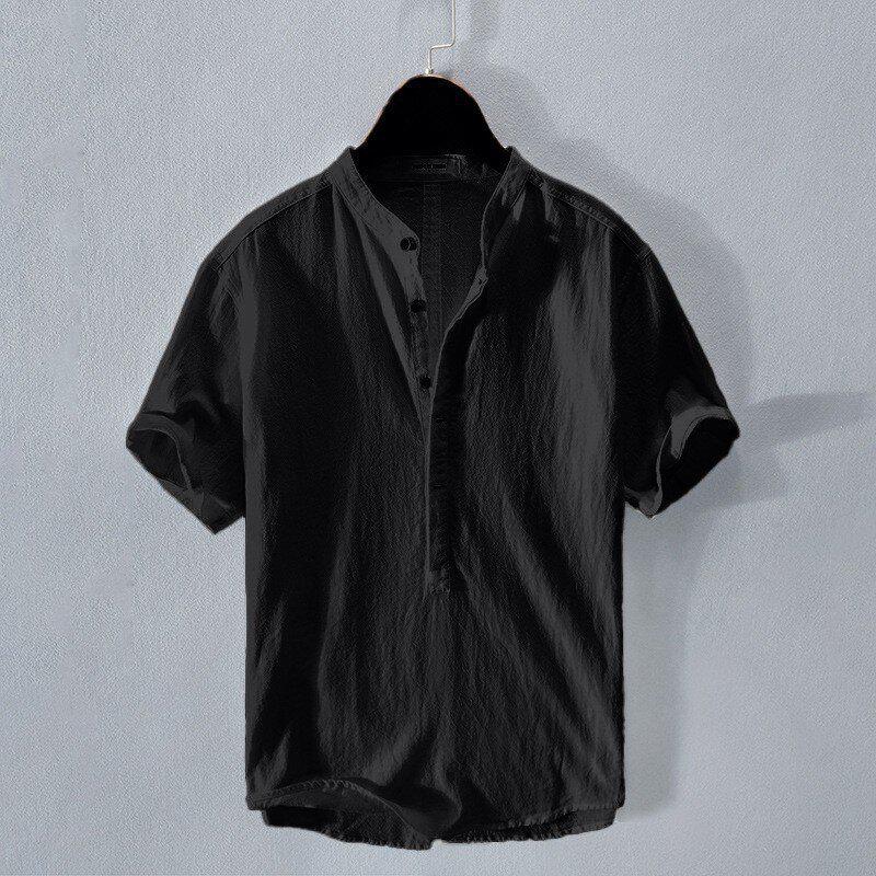 2026 Men's Summer Stand Collar Cotton Linen Short Sleeve Casual Shirt - Breathable, Loose Fit