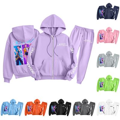 Mode Enfant Sweat-shirt à Capuche Zippé Manches Longues Pantalon de Survêtement Imprimé Ensemble Sweat-shirt à Poches