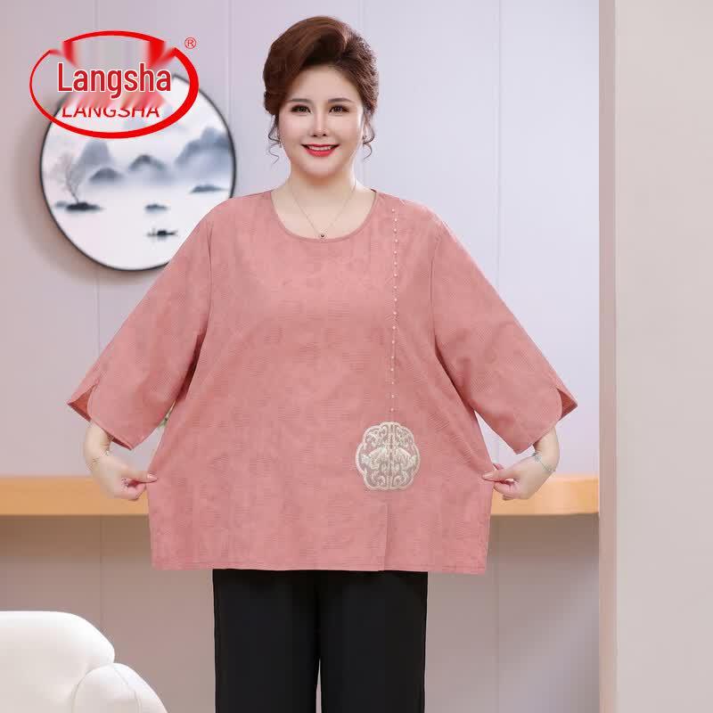 Langsha Women's Plus Size Embroidered Cotton Linen T-Shirt & Set
