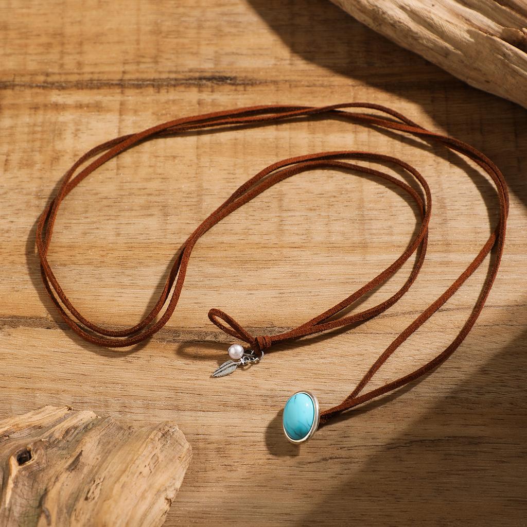 Ethnic Wind Turquoise Double Layer Korean Velvet Collarbone Chain Choker Sweet Cool Simple Necklace Female Jewellery
