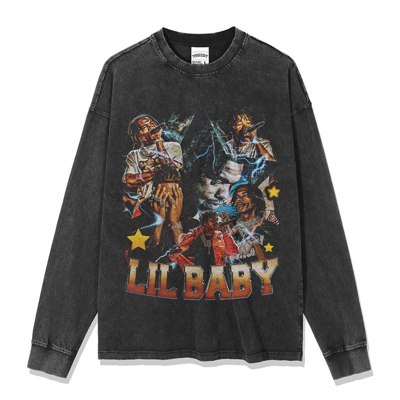 Hip Hop Hooded Sweater, Long Sleeve T-Shirt Babe Crew Neck Lil B Vintage Aby Print Short Sleeve Lil Street Tide