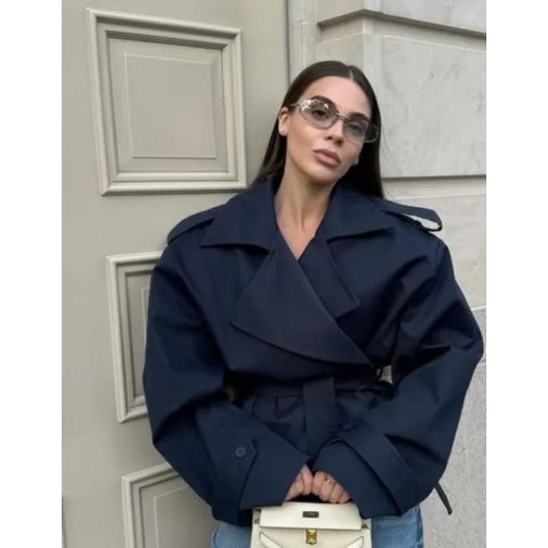 Women V-neck Lapel Belt Trench Coat Fashion Lace Up Full Sleeve Button Short Thin Windbreak 2026 New Lady Daily Street Outerwear
