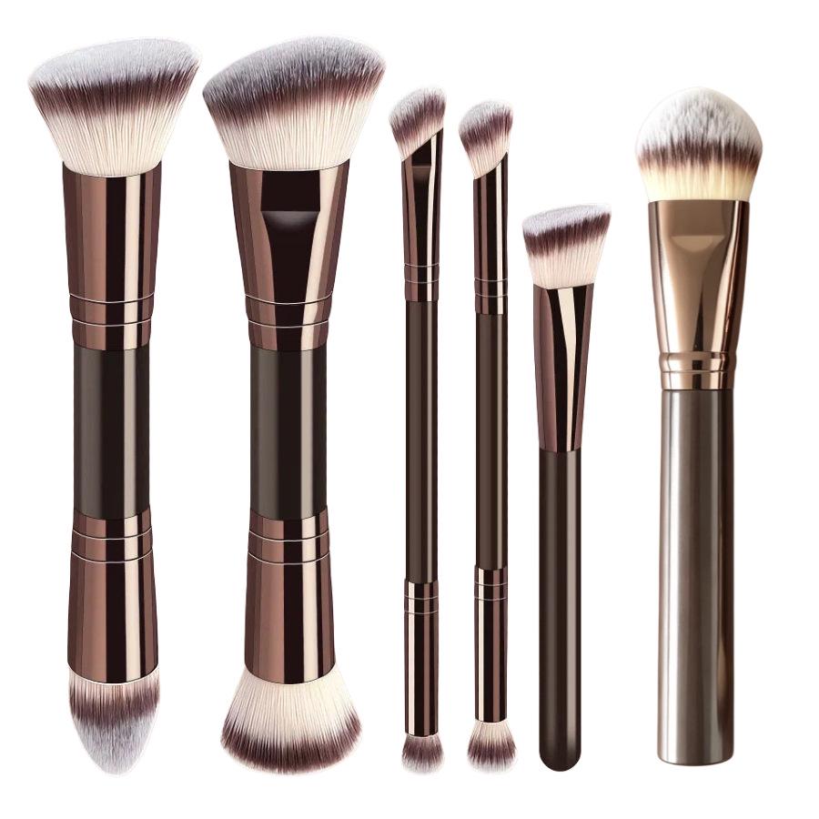 Dual-Head Makeup Brush Set: Foundation, Blush, Loose Powder Brushes In Coffee Color.