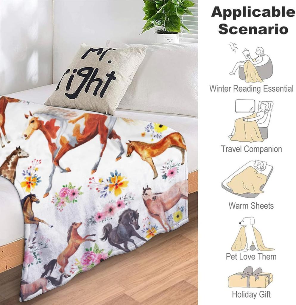 Horse Blanket Gifts for Girls Women Western Horses Flowers Animal Fleece Flannel Throw Blankets Soft Lightweight Horse Plush Stu