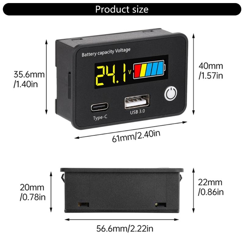 18W USB Type C QC3.0 Battery Monitor Real Time Electric Capacity Display Test for EV Solar Car Lithium Lead Acid Battery