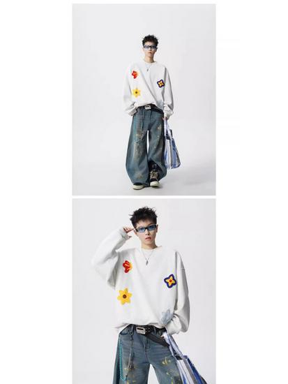 Unisex Floral Embroidered Sweatshirt - Spring & Autumn Trendy Round Neck Casual Base Layer