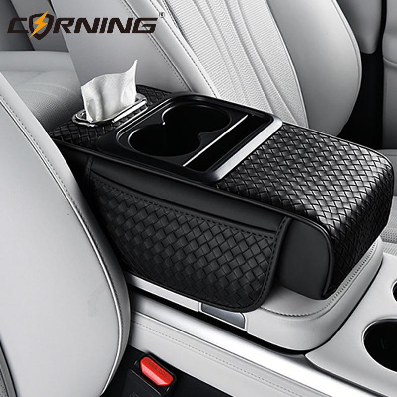 Car Center Console Armrest Cushion PU Leather with Cup Holder Tissue Box Universal Style 7.5CM Thicken Height Car Armrest Pad