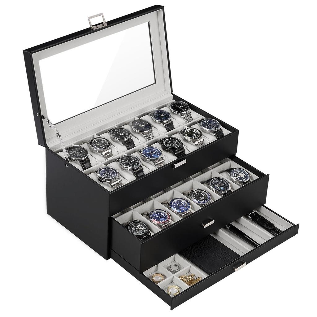 Used ProCase 3 Tier Watch Case Holds 24 Pieces Large Capacity Drawer Glass Top Jewelry Organizer - Black ym 07f23d76