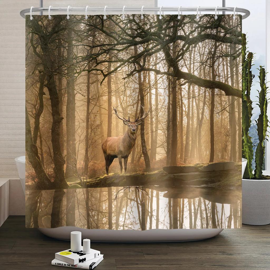 Fall Forest Natural Scene Shower Curtain for Bathroom Autumn Maple Tree Plants Rural Landscape Pumpkin Waterproof Shower Curtain