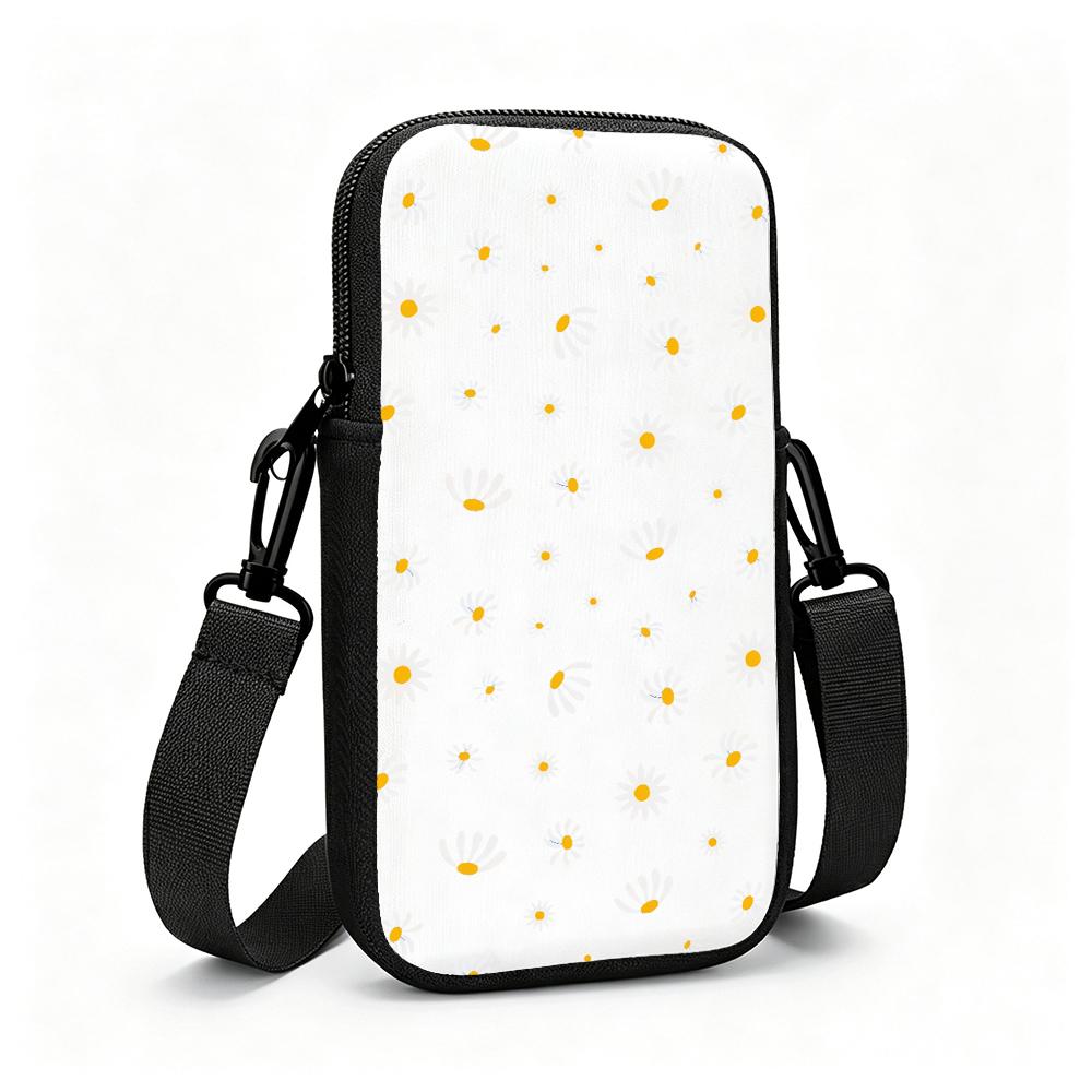 Vintage Black White Daisy Floral Print Crossbody Phone Bag, Adjustable Shoulder Strap Cell Phone Sling Pouch, Xmas Gift Small Purse for Women Girls