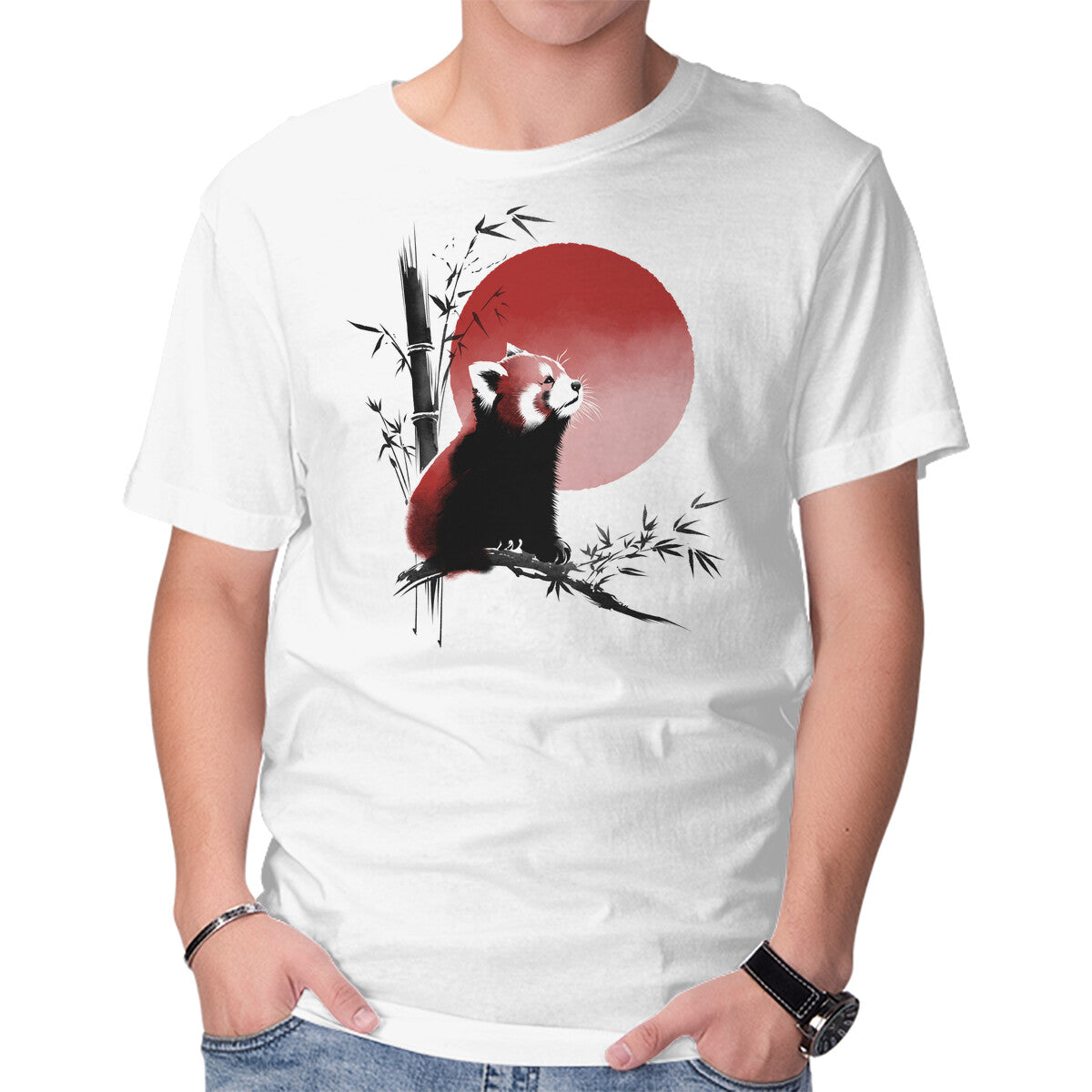 Unisex Crew Neck T-Shirt Ink Red Panda Graphic Short Sleeve Casual Tee XXL