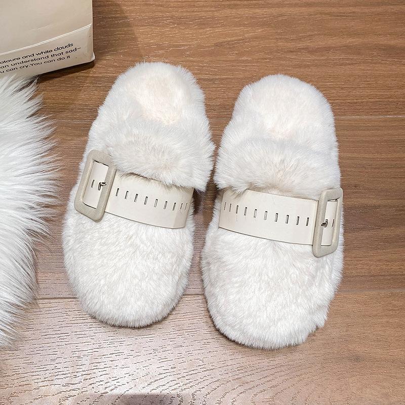 

Тапочки женские с пряжкой на ремне и сумкой на голову 2024 года, зимние, новые, с толстым дном, модные, мохнатые, маленькие, хлопковые, с ворсом 40