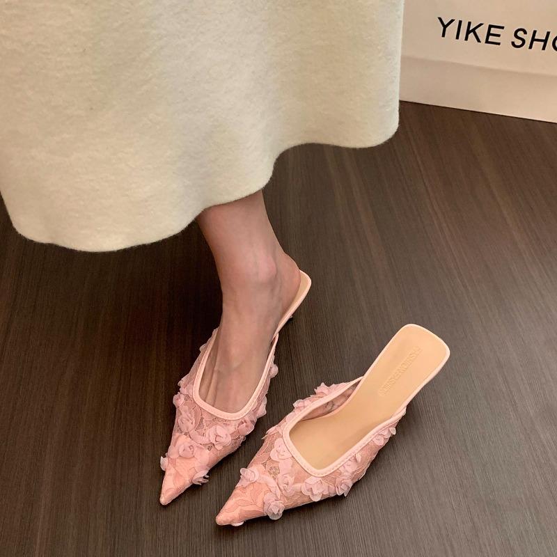 

Fashion New Style Spring Summer Pointed Toe Women Slippers Fashion High Heels Party Dress Ladies Flower Slides Shoes Zapatos Mujer 43 розовый