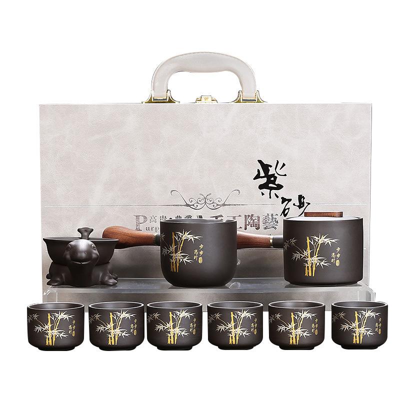Lila Sand Schritt für Schritt Gaosheng Kung Fu Tee-Set, Handbemaltes Gold-Set, Teekanne, Haushalt Rohmineral Schlamm Teekanne, Teetassenset