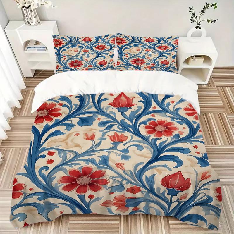 3pcs Red Flowers and Blue Vines Quilt Set Cartoon Themed Bed Quilt Set Lovely Character Bedroom Decor Bed Quilt Set