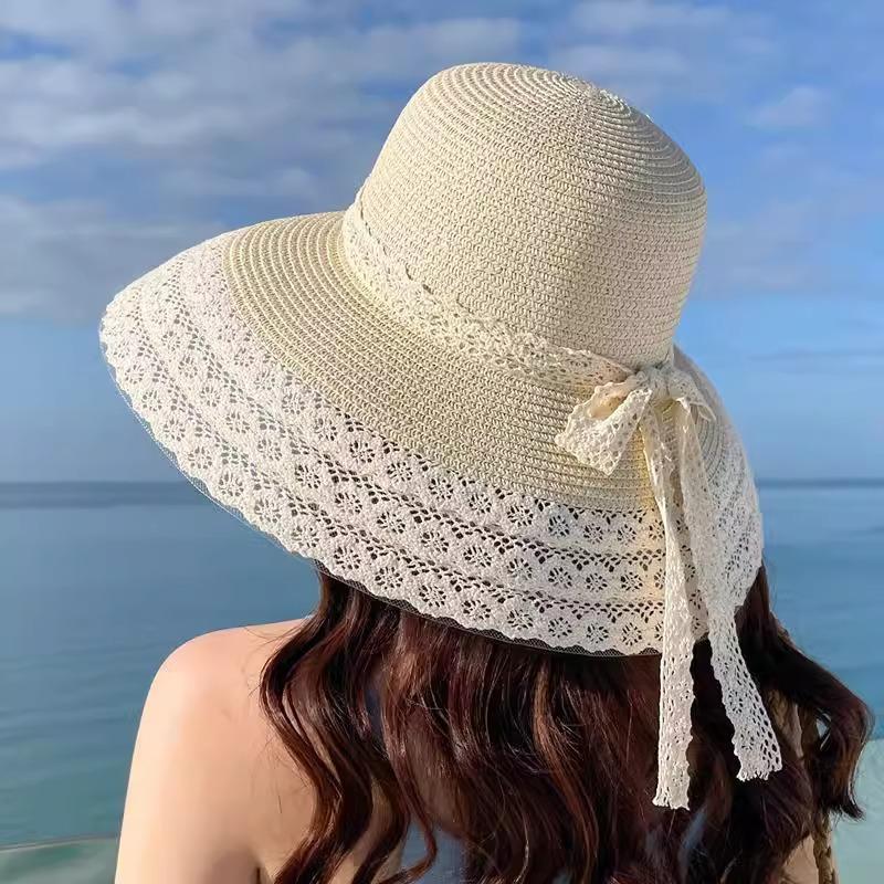 Lace Bow Straw Hat Women's Summer French Large Brim Sunscreen Hat Seaside Beach Vacation Sun Hat