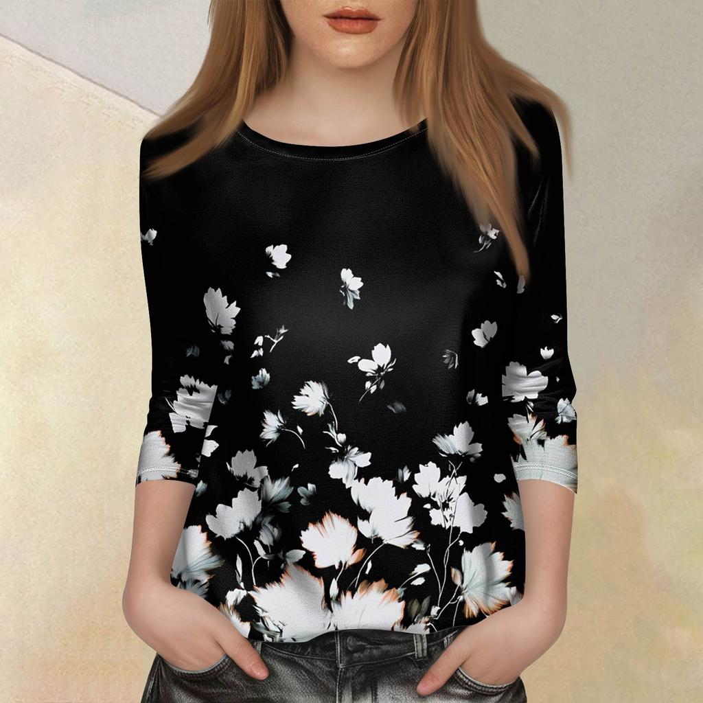 Women's Fashion Casual Seven Sleeve Printed Round Neck T-Shirt Top