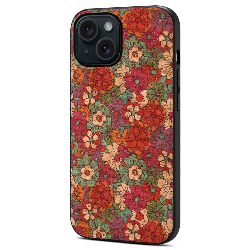 For iPhone 15 Leather Back Cover Floral Pattern TPU+PC Slim Phone Case