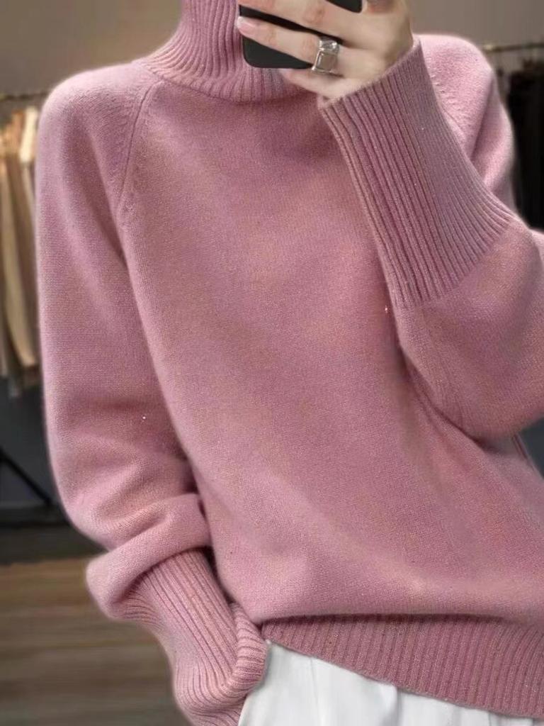 Loose sequined turtleneck thickened casual solid color sweater women's winter new base two lapel knitting
