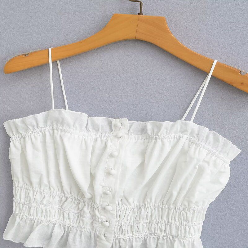 Fashion Style 2024 Summer New Arrival Female Easiest for Match Sweet Girl Wooden Ear Smocking Short Camisole Uwl240053