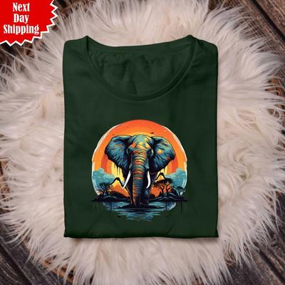 Elefant Sonnenuntergang T-Shirt Rundhals Bedruckt Kurzarm Unisex 100% Baumwolle T-Top
