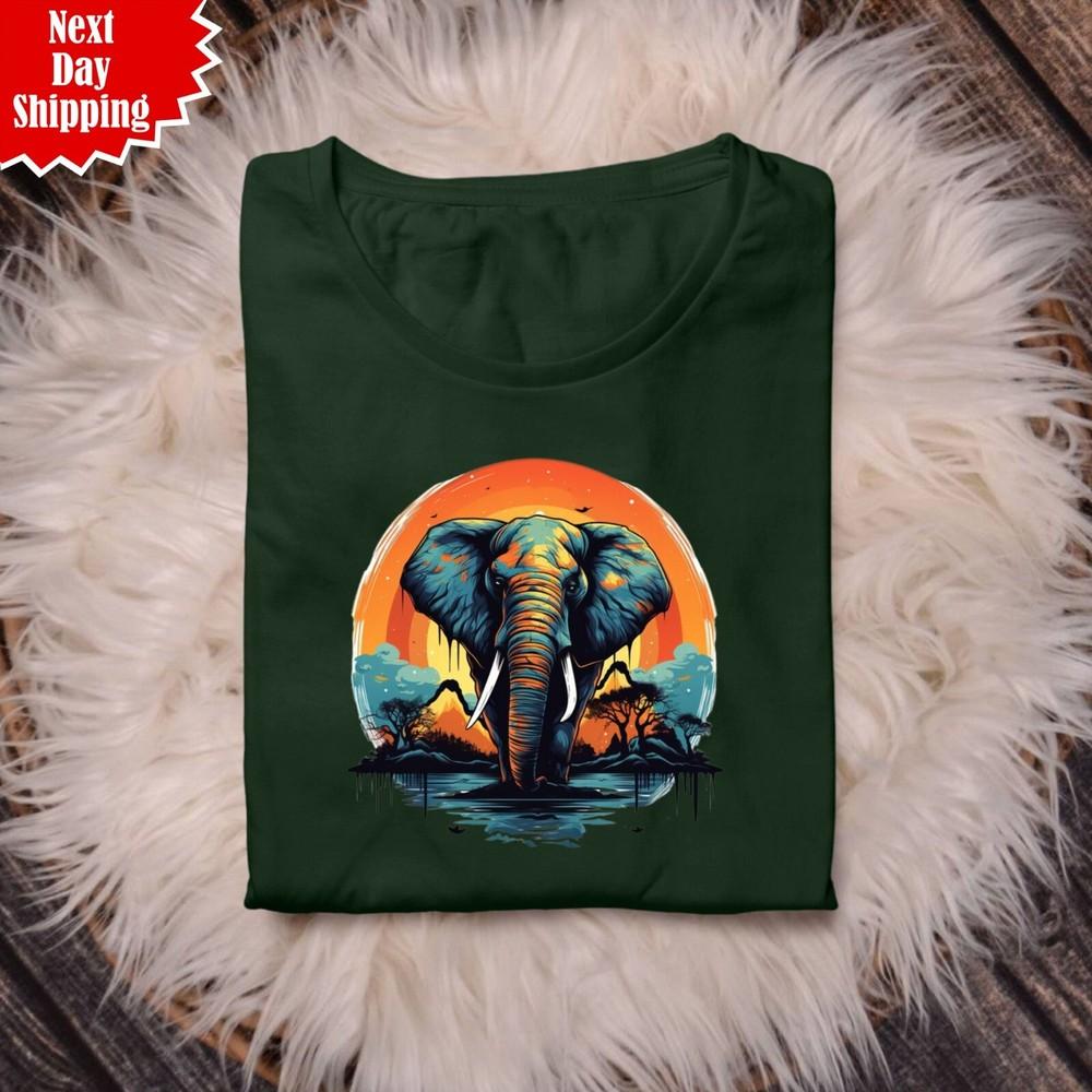 

Elephant Sunset T Shirt Crew Neck Printed Short Sleeve Unisex 100% Cotton T Top XL