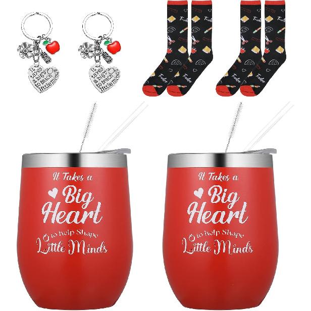 Ferraycle 2 Sets Teacher/Mom Cups for Women, Teacher/Mom Appreciation Gifts Daycare Mug Tumbler Keychain Socks for Appreciation Prechool Gift