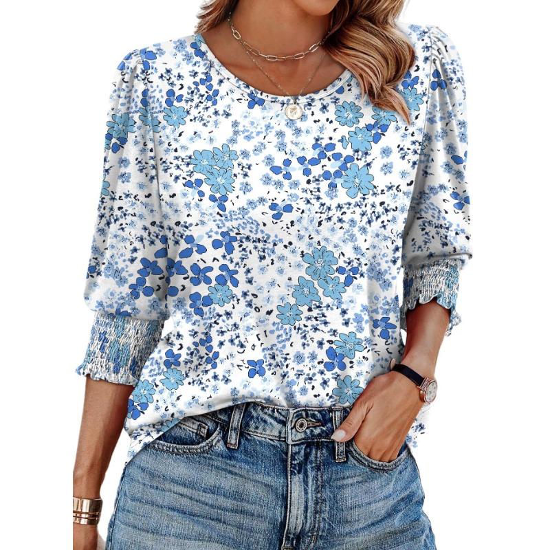 Women's Autumn Tops Loose Casual Printed Seven Quarter Sleeve Round Neck T-shirt Top Fashion Commute T-shirts